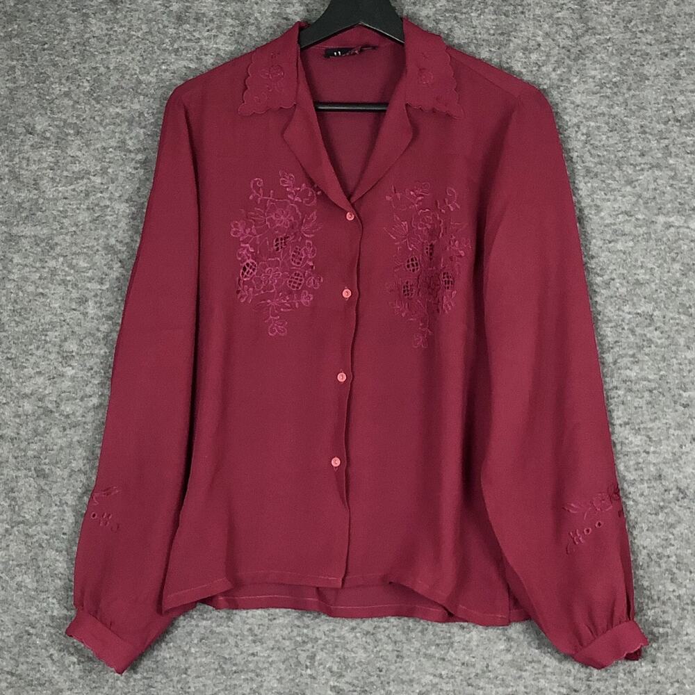 VTG 80s Blouse Womens XL Hermosa Embroidered Red Scolloped Trim L/SLV Dressy